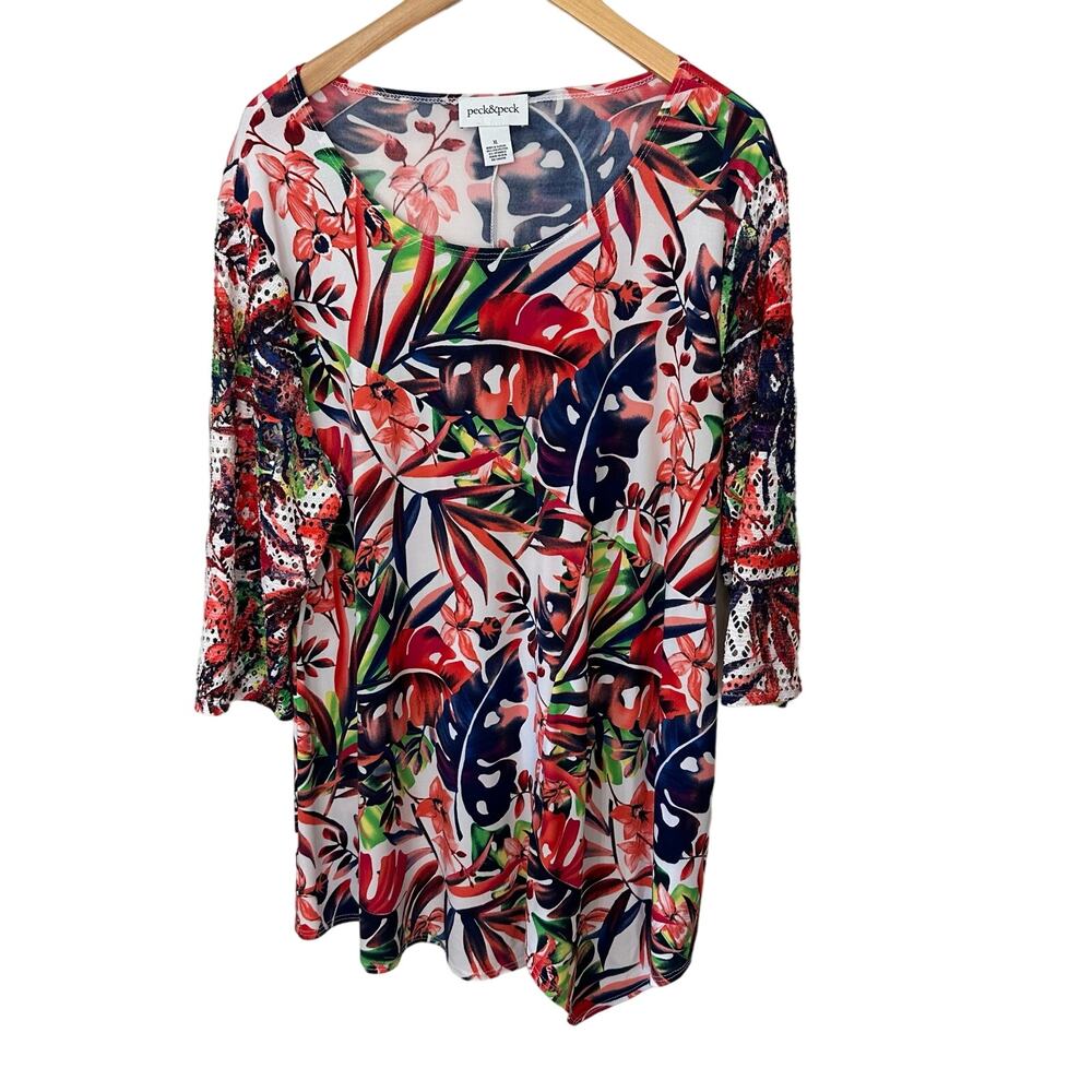 Peck & Peck Womens Pullover Blouse Size L Bright‎ Multicolor 3/4 Sleeves
